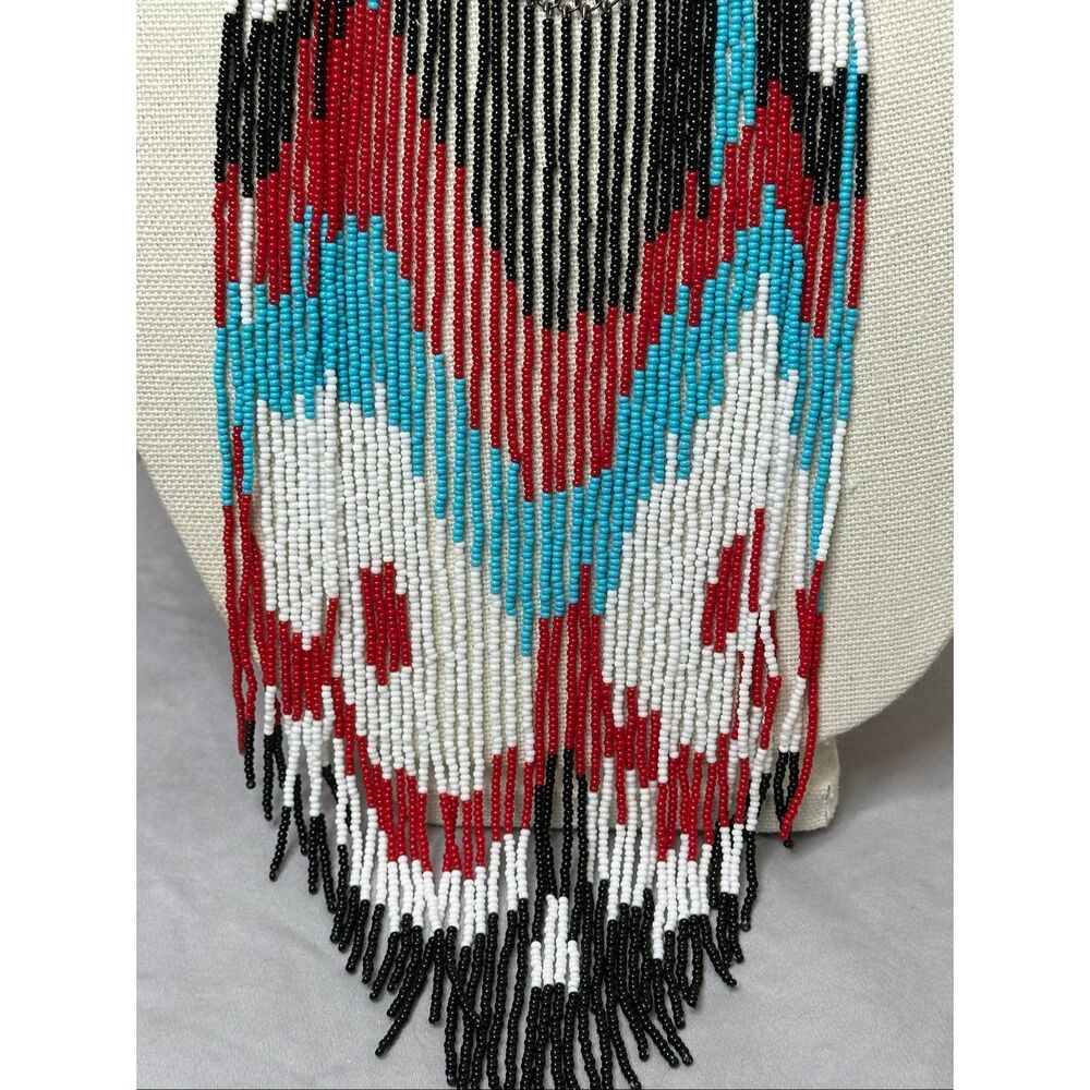 Handmade Beaded Statement Necklace Tribal Boho Fringe Bib Southwest Festival - Picture 5 of 10